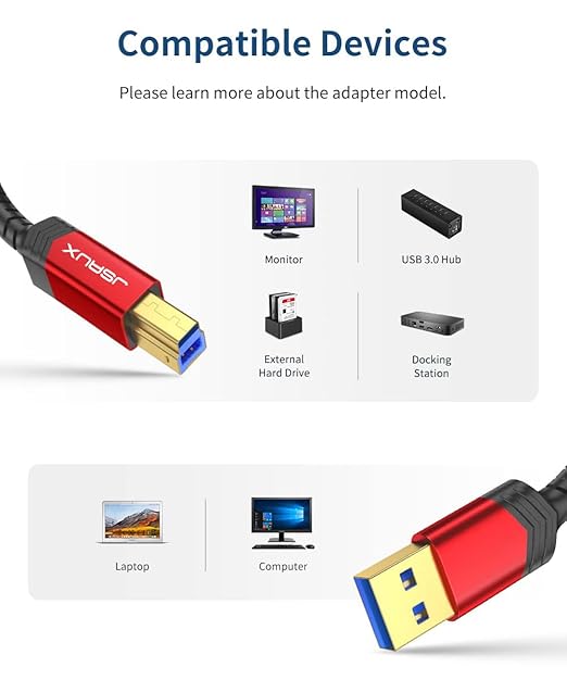 JSAUX USB 3.0 Printer Cable, Type A Male to B 3.0 Male (3.3ft/1M) USB 3.0 Type B Upstream Cord Nylon Braided Compatible with Docking Station, External Hard Drivers, Scanner, Printer and More(Black)