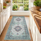 RELEANY Washable Area Rug, Runner 2'x6', Teal Green/White/Navy by RELEANY