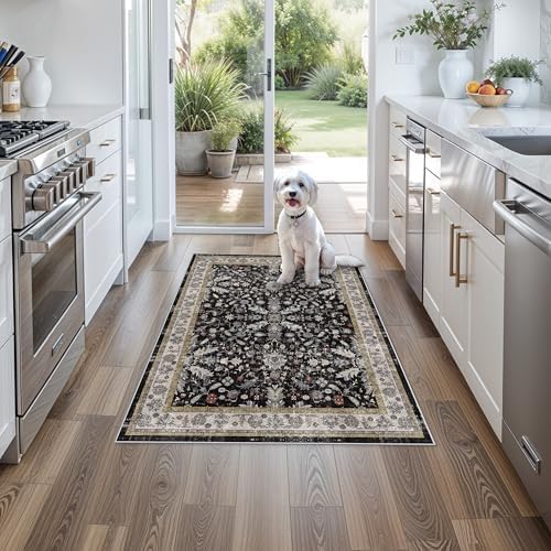 3x4 Entryway Rug Washable Non-Slip–Boho Floral Stain-Resistant Small Area Rug for Kitchen Bedroom Bathroom – Soft Low-Pile Thin Indoor Door Mat (Black,3x4) - Image 4
