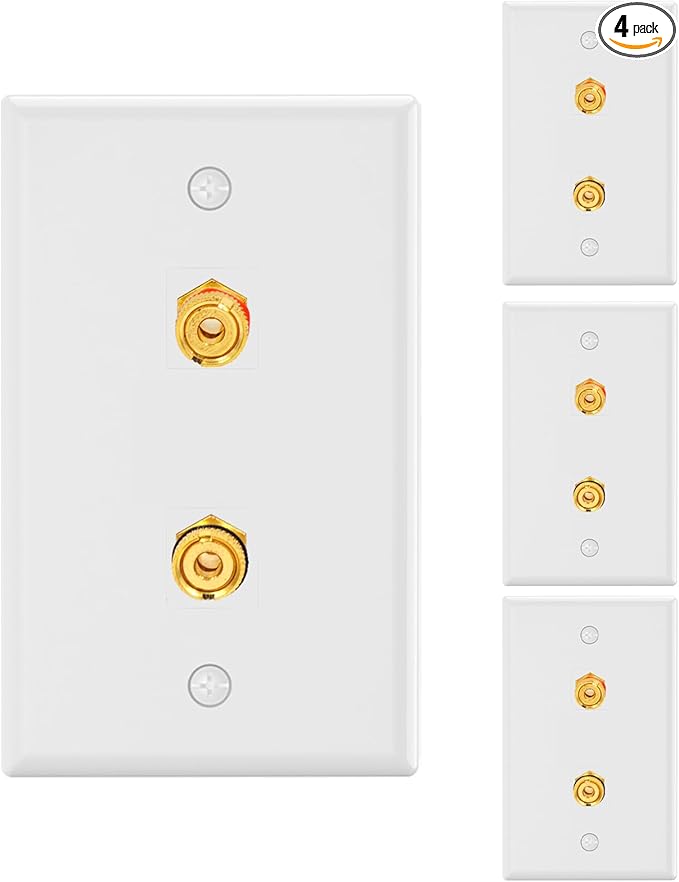 VCE UL-Listed Speaker Wall Plate Gold-Plated, 2-Port Keystone Wall Plate with Banana Jack Binding Post Keystone Jack Insert, 4 Pack