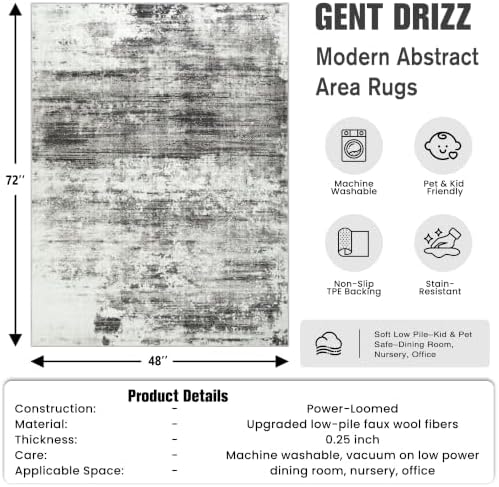 4x6 Area Rugs for Living Room: Washable Abstract Black Grey Bedroom Carpet - Image 2