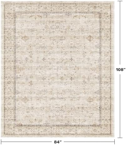 Beige Floral Washabel Area Rug for Living Room - 7x9 Non Slip Rugs for Dining Room Under Table, Bedroom Under Bed, Modern Farmhouse Décor Indoor, Low Pile Soft Geometric Carpet with Rubber Backing - Image 2