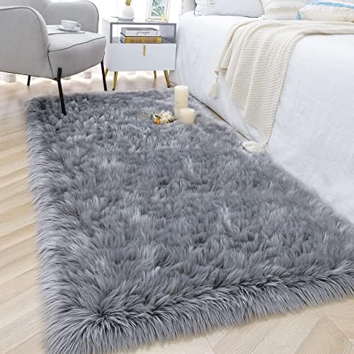 2x6 Grey Faux Fur Runner Rug Fluffy Soft Washable for Bedroom Dorm Hallway - Image 2