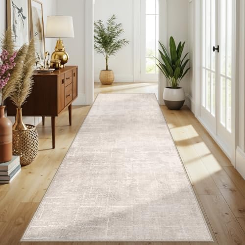 Hallway 4x10 Washable Runner Rug:Stain Resistant Abstract Rug for Kitchen Entryway Farmhouse Soft Carpet for Bathroom Bedroom Thin Laudry Living Room Floor Mat with Non Slip Backing(4x10,Beige/Cream) - Image 2