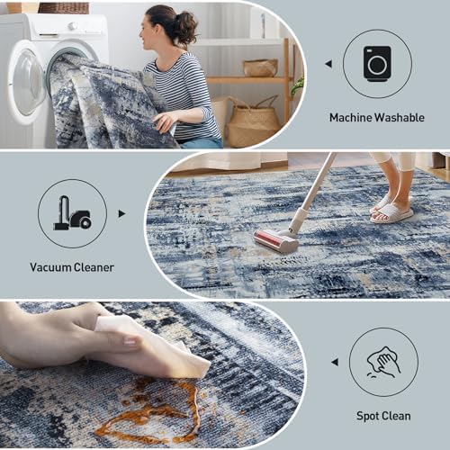 5x7 Area Rugs for Living Room: Washable Abstract Blue Gold Bedroom Carpet - Image 4