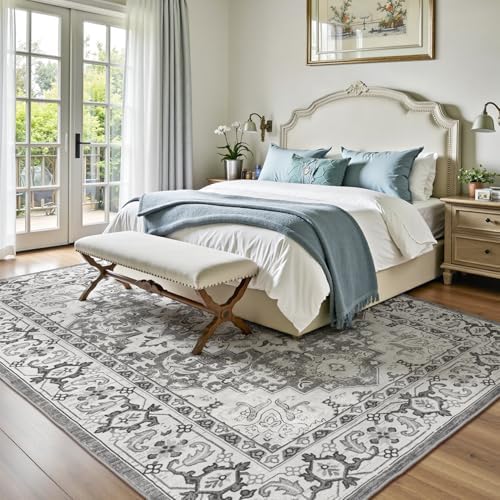 Lofus 9x12 Area Rugs for Living Room Bedroom, Soft Boho Carpet Floral Grey - Image 2