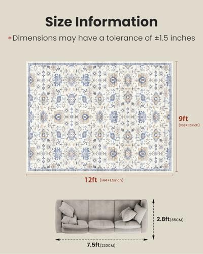 Amada Large 9x12 Washable Area Rug for Living Room, Blue/White, Vintage - Image 2