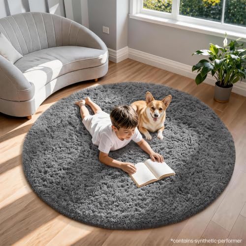 Ophanie Round Rug 6Ft Grey Circle Area Rugs,Fluffy Fuzzy Large Bedroom Carpet 6 Foot,Plush Shag Solid Indoor Floor Gray Living Room Circular Decor for Kids Teen Boys Baby,with Over 99 pcs Pile fibers - Image 3