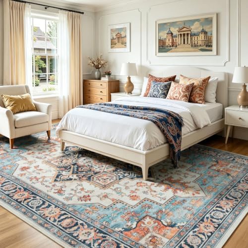 Lofus Washable Rugs 8x10, Blue and Orange Vintage Carpet for Living Room - Image 2