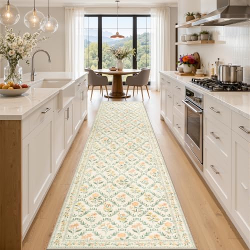 PLHXFR 2.6x14 Washable Runner Rug：Floral Indoor Kitchen Carpet Beige Multi by PLHXFRSoftAreaRugs