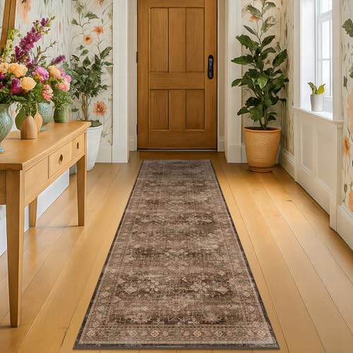 Brown Boho Washable 2x6 Runner Rugs for Hallway Kitchen Bedroom Beside Laundry Room Bathroom Rug, Pet & Kids Friendly, Non Slip Low Pile Stain Resistant Soft Faux Wool Long 24 x 72 Floor Carpet