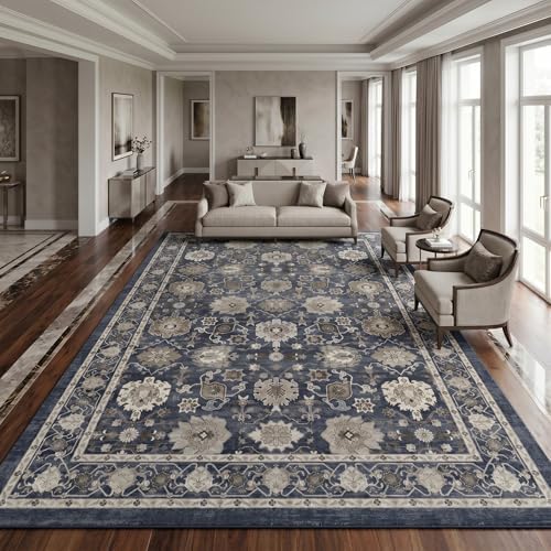 Amada Vintage Washable Area Rug,9'x12',Navy Blue/Brown by AMADAHOMEFURNISHING