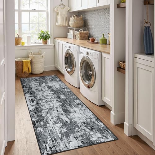 RELEANY Washable Runner 2'x10' Abstract Area Rug for Hallway Black White - Image 4