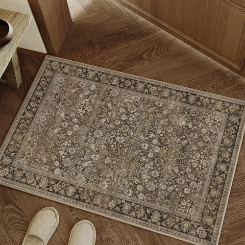 HUGEAR 2x3 Brown Vintage Floral Washable Area Rug for Entryway by HUGEAR