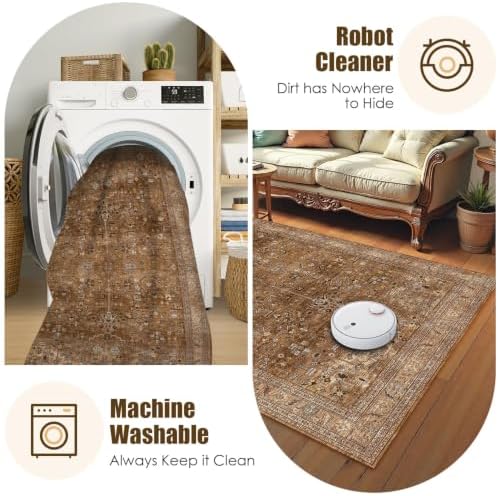 Washable Area Rug 8' x 10' Vintage Traditional Persian Mat - Foldable Distressed Non-Slip Machine Washable Carpet for Living Room Bedroom Kitchen Home Decor - Bronze and Ivory - Image 7