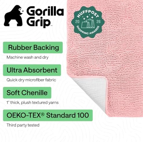 GORILLA GRIP Bath Rug Mat for Bathroom, Absorbent Chenille 30x20 Light Pink - Image 2