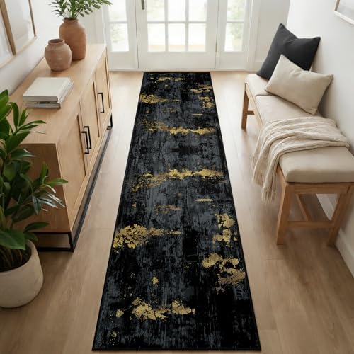 RELEANY Washable Runner 2'6"x10' Abstract Area Rug for Hallway Black Gold - Image 7