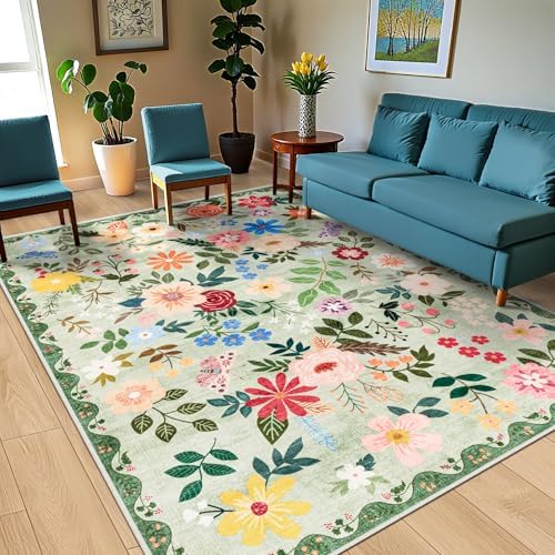 PLHXFR Area Rug 10x14 Living Room: Floral Washable Boho Soft Carpet Green - Image 2