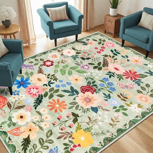 PLHXFR Area Rug Living Room: 5x7 Floral Washable Boho Soft Carpet Green - Image 2