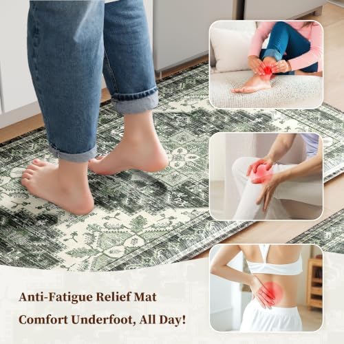 Boho Kitchen Mats for Floor 2PC Anti Fatigue Kitchen Rugs, Green - Image 3