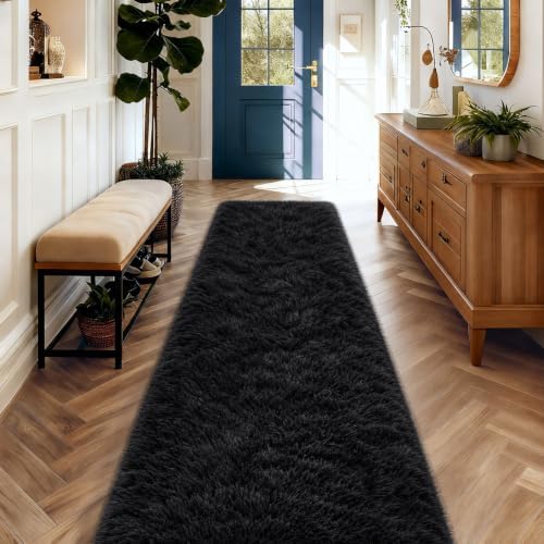 Ophanie 2x10 Runner Rug for Hallway, Upgrade Non-Slip Fluffy Soft Bedside Rugs, Bedroom Living Room Black Shaggy Black Carpet for Girls Boys Dorm Decor Aesthetic with Over 99 pcs Pile fibers - Image 5