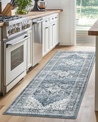 Amada 2x6 Washable Runner Rug for Kitchen and Entryway, Blue, Vintage Style - Image 4