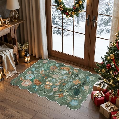 Washable Floral 2x3 Area Rug: Indoor Soft Scalloped Carpet for Entryway Kitchen Nursery Non-Slip Water Resistant Bathroom Laundry Floor Mat Low Pile Durable Door Mat(2x3 Floral/Green) - Image 2