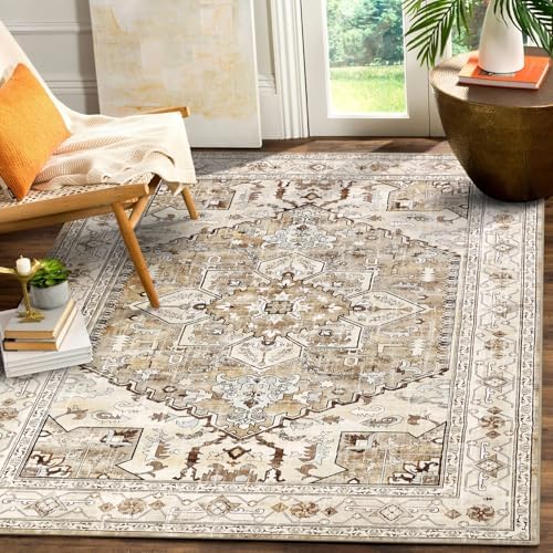 Yamaziot Area Rug 5x7, Non-Slip Washable Boho Vintage Living Room Bedroom Rug with Rubber Backing, Low Pile Faux Wool Soft Distressed Rug Floor Carpet for Living Room, Bedroom by Yamaziot