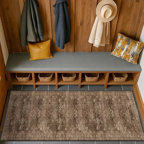 Brown Boho Washable 2x6 Runner Rugs for Hallway Kitchen Bedroom Beside Laundry Room Bathroom Rug, Pet & Kids Friendly, Non Slip Low Pile Stain Resistant Soft Faux Wool Long 24 x 72 Floor Carpet - Image 6