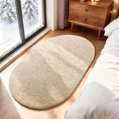 Ophanie 3x5 Oval Rug, Bedside Preppy Dorm Area Rug, College Essentials Non Slip Beige Small Carpets for Bedroom, Anti Slip Fluffy Living Room Rugs Home Decor Aesthetic with Over 99 pcs Pile fibers - Image 5