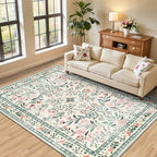 PLHXFR Area Rug Living Room: 5x7 Floral Washable Boho Carpet Green Beige by PLHXFRSoftAreaRugs