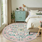 PLHXFR Round Area Rug Living Room: 8 ft Floral Washable Carpet Pink Green - Image 2