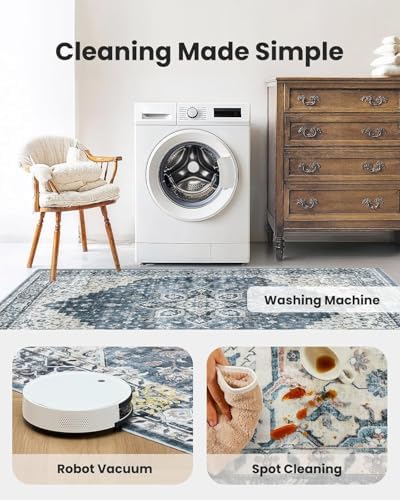 Amada Round 5x5 Washable Area Rug for Living Room, Blue, Vintage Style - Image 4