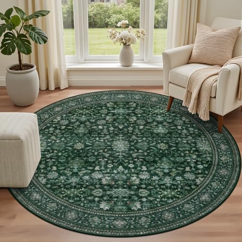 Round Area Rug for Living Room: 4ft Boho Washable Rug Deep Green - Image 2