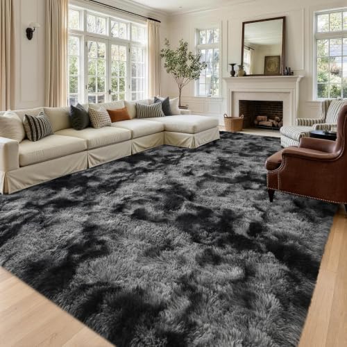 8x10 Extra Large Tie-dye Dark Grey Fluffy Area Rug Non-Slip for Living Room - Image 2