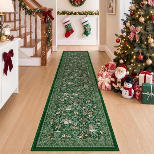 2x8 Christmas Runner Rug for Hallway,Washable Kitchen Rug,Green - Image 3