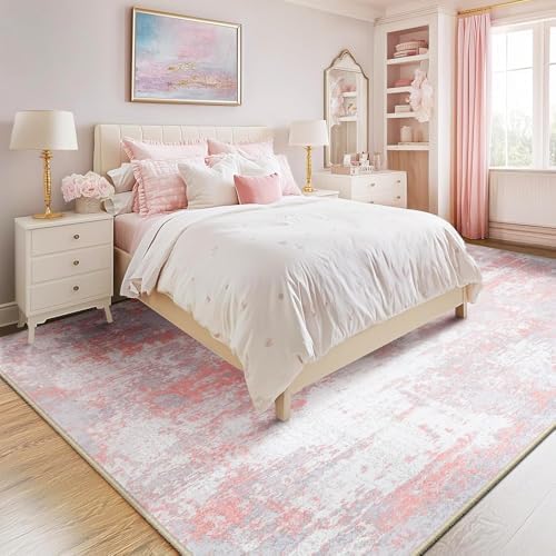 RELEANY Washable 8'x10' Abstract Area Rug for Living Room Gray Pink by RELEANY