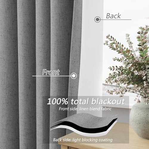 Guken 100% Blackout Linen Curtains 80 Inch Length 2 Panels Set for Living Room Bedroom Back Tab Thermal Insulated Black Out Linen Drapes Room Darkening Window Curtains,Dark Grey - Image 4