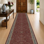 Large Burgundy 3x12 Long Runner Rug for Hallway - Washable Kitchen Rug, Low Pile Thin Carpet for Bedroom Bedside, Foyer, Non Slip Unique Bohemian Red Décor by HazoHaus