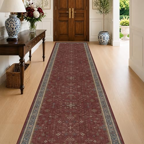 Large Burgundy 3x12 Long Runner Rug for Hallway - Washable Kitchen Rug, Low Pile Thin Carpet for Bedroom Bedside, Foyer, Non Slip Unique Bohemian Red Décor by HazoHaus