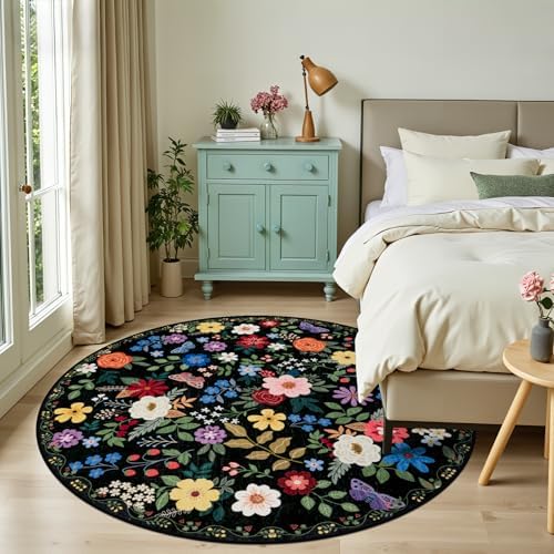 PLHXFR Round Area Rug Living Room: 6 ft Floral Washable Soft Carpet Black - Image 3