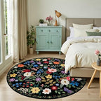 PLHXFR Round Area Rug Living Room: 6 ft Floral Washable Soft Carpet Black - Image 3