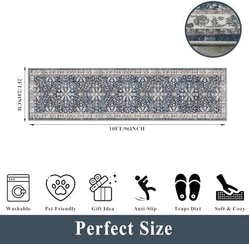 Washable Hallway Runner Rug 2x10: Non Slip Vintage Boho Carpet with Rubber Backing for Kitchen Entryway Hall Holiday Farmhouse Neutral Cream Long Runners (Blue,2'x10') - Image 2