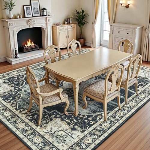Lofus 8x10 Washable Rugs Non-Slip, Vintage Floral Area Rug for Living Room Bedroom Dining Room Kitchen, Low Pile Distress Print Medallion Carpet Home Decor Rug, Black Beige - Image 3