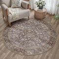 HUGEAR 4ft Round Brown Blue Vintage Floral Washable Rug for Living Room by HUGEAR