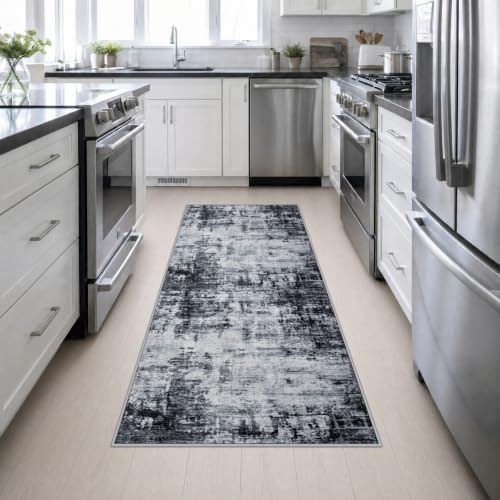 3x8 Washable Runner Rug：Modern Abstract Soft Carpet Dark Black - Image 4