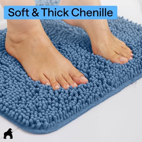 GORILLA GRIP Bath Rug Mat for Bathroom, Absorbent Chenille, 60x17 Blue - Image 4