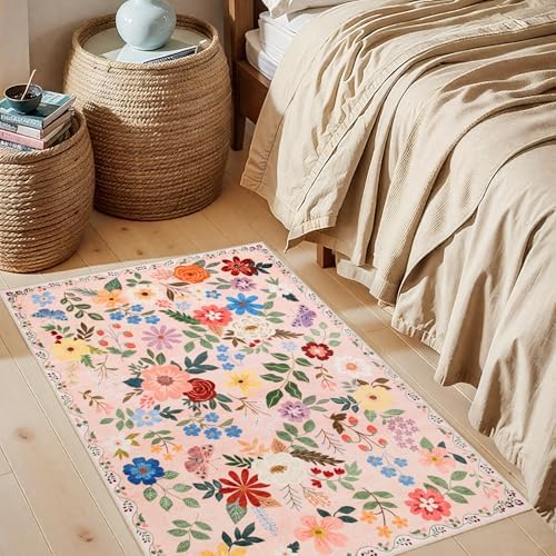 PLHXFR 2x3 Small Entryway Rug: Floral Washable Indoor Soft Carpet Beige - Image 3