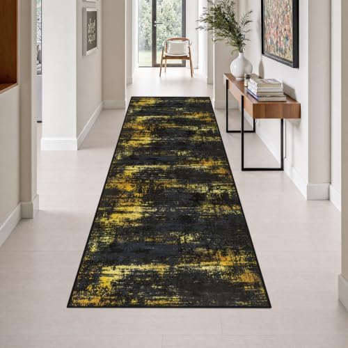 3x10 Washable Runner Rug：Modern Abstract Soft Carpet Black Gold by FXRHLP