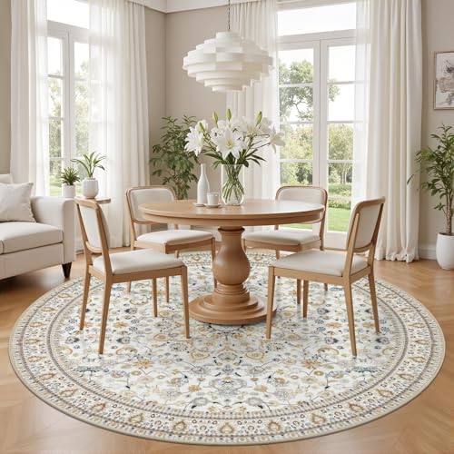 Round Area Rug for Living Room: 8ft Washable Rug for Bedroom Beige - Image 3